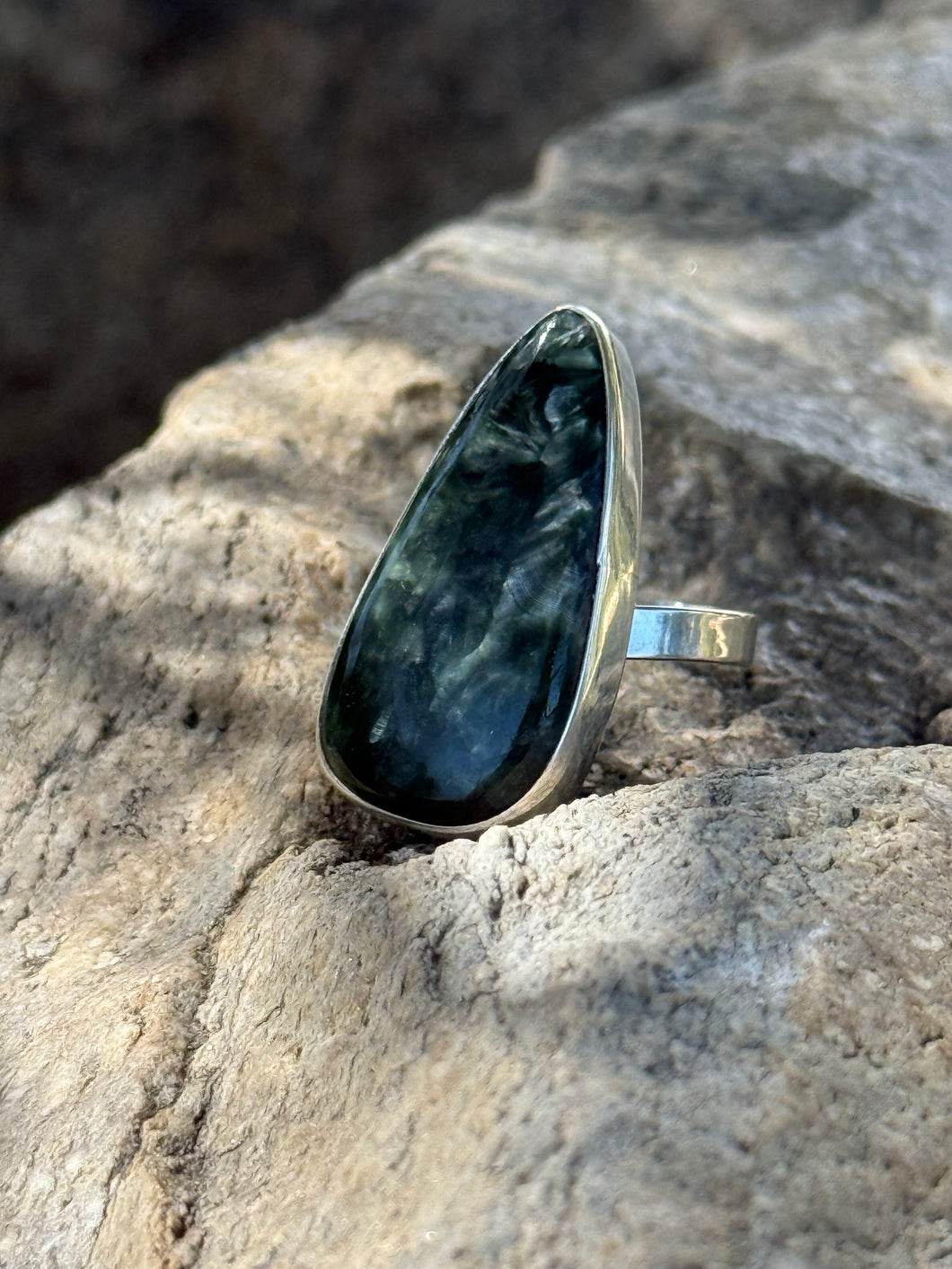 Sterling Silver Ring with Dark Green Serpentine